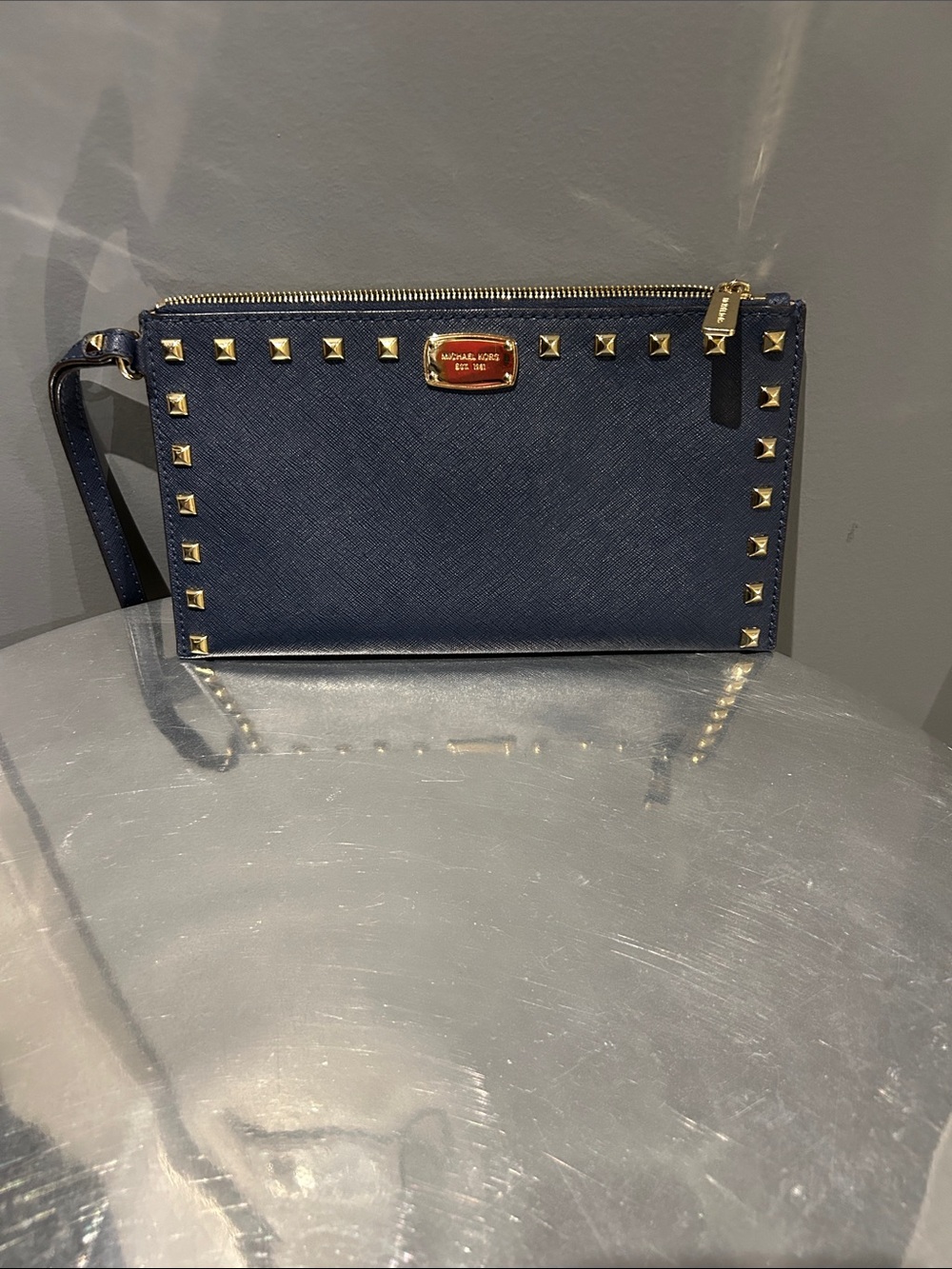 Michael Kors Navy Saffiano Leather Studded Wristlet with Gold Hardware